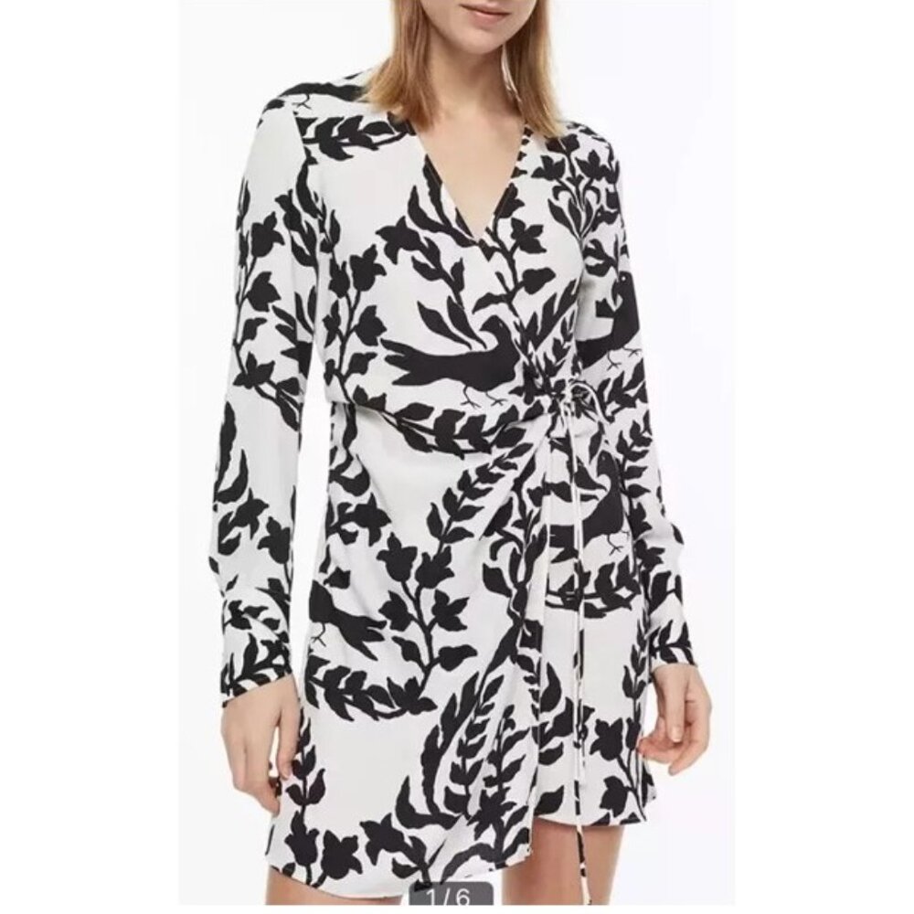 H&M White Black Long Sleeve Silk Like Patterned Birds Wrap Dress Side Tie Size L